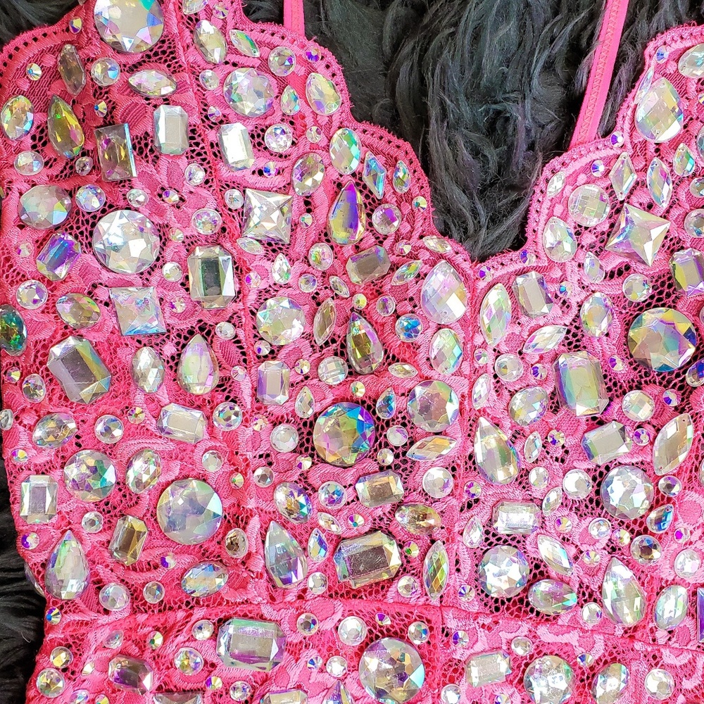 Made to Order Pink Rhinestone Rave Bodysuit - Picture 3 of 5